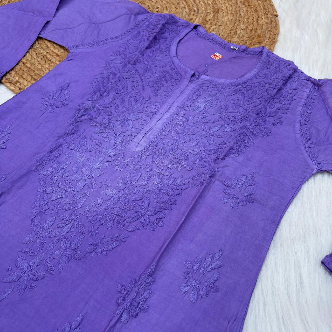Zooni Chanderi Lucknowi Chikankari Dyed Kurti- Purple colour
