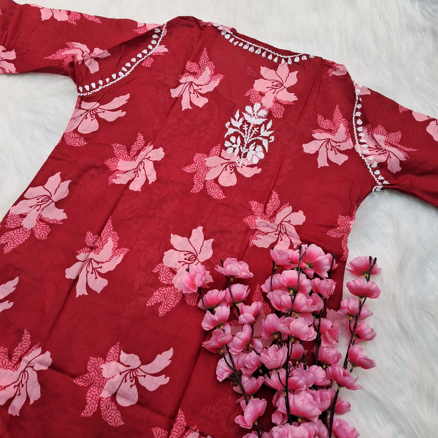 Suhana Khan Inspired Pure Mulmul Chikankari Kurti- Dark Red Colour - Chikankaar