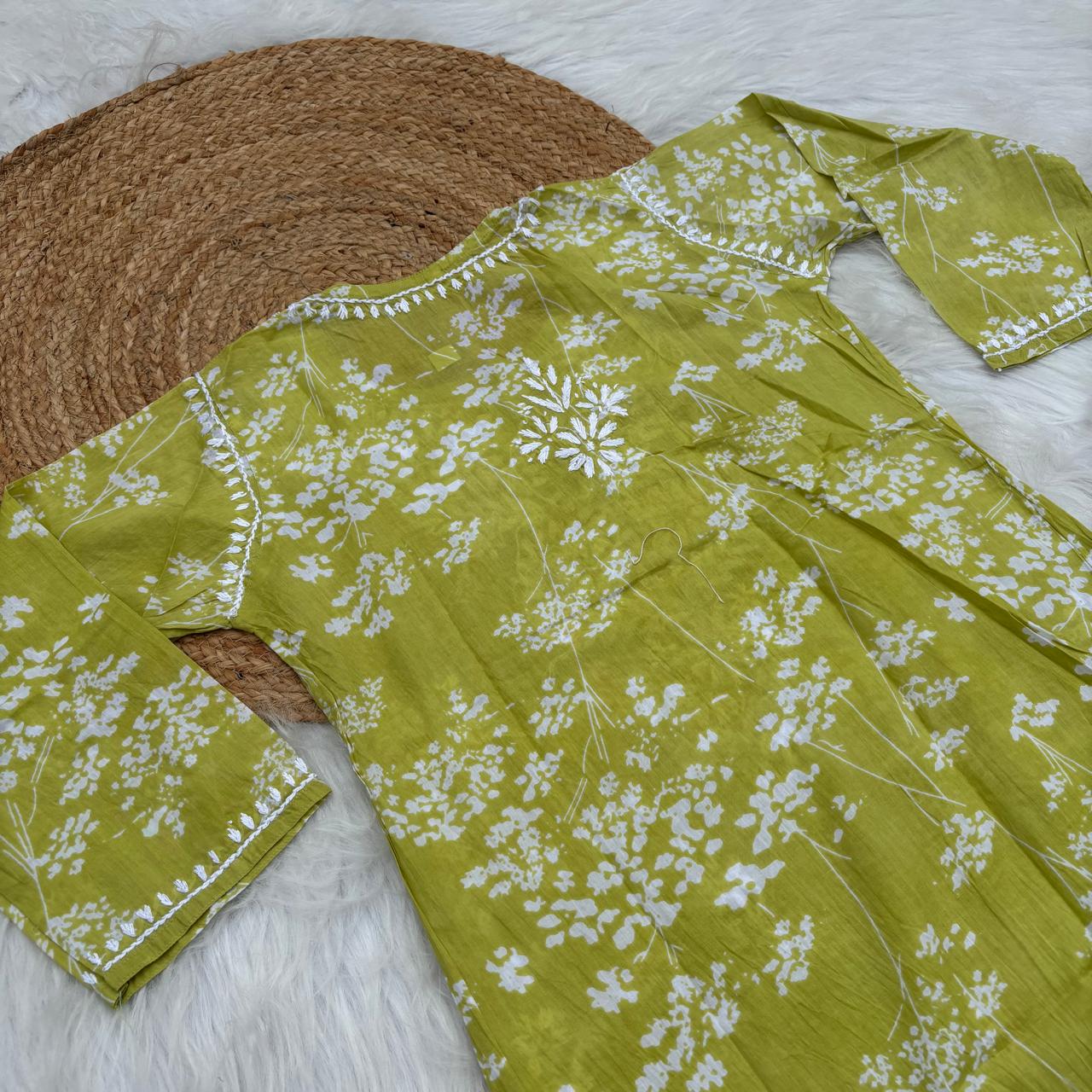 Malika Pure Mulmul Cotton Short Kurti - Green Colour