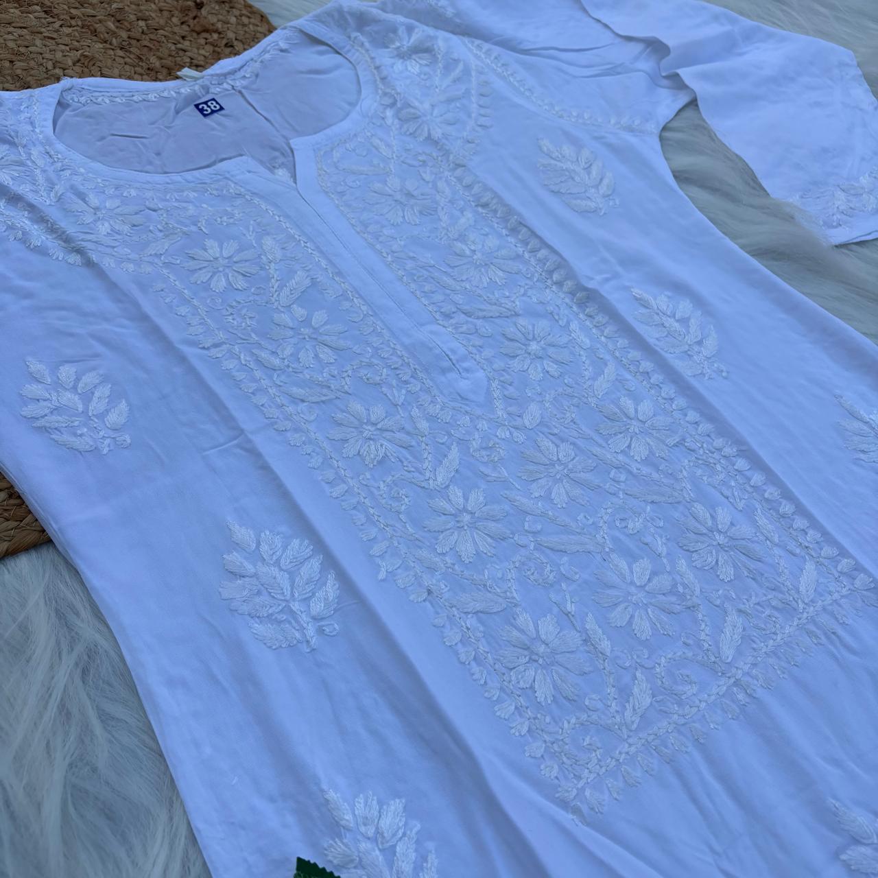 Soft Rayon Chikankari Kurti - White Colour