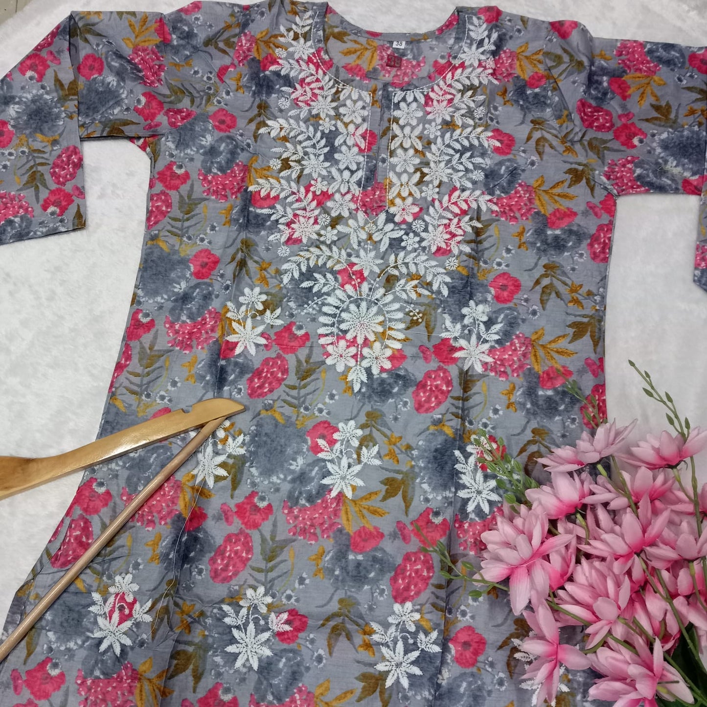 MULMUL COTTON CHIKANKARI MACHINE WORK KURTI -GREY COLOUR - Chikankaar