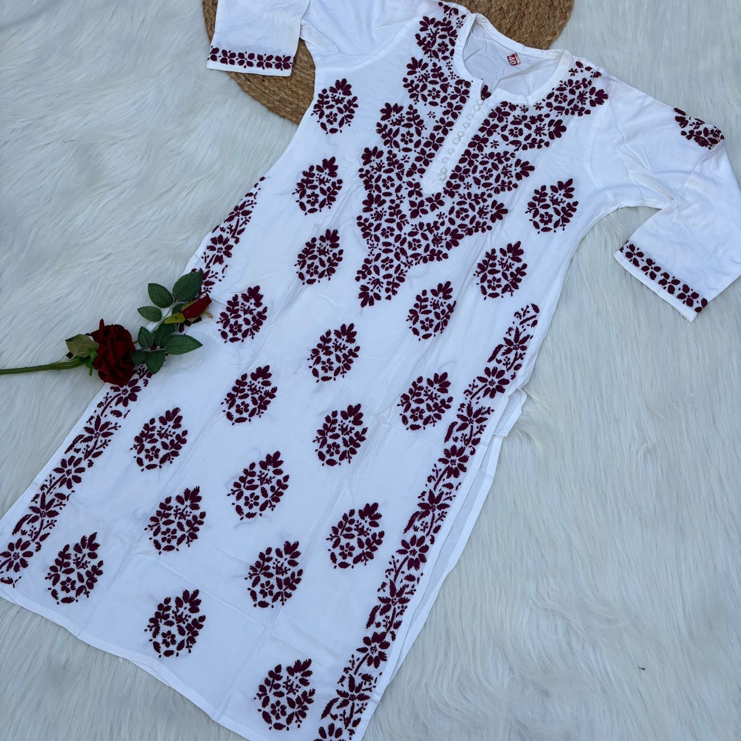 Amira Soft Rayon Chikankari Kurti - Wine on White Color - Chikankaar