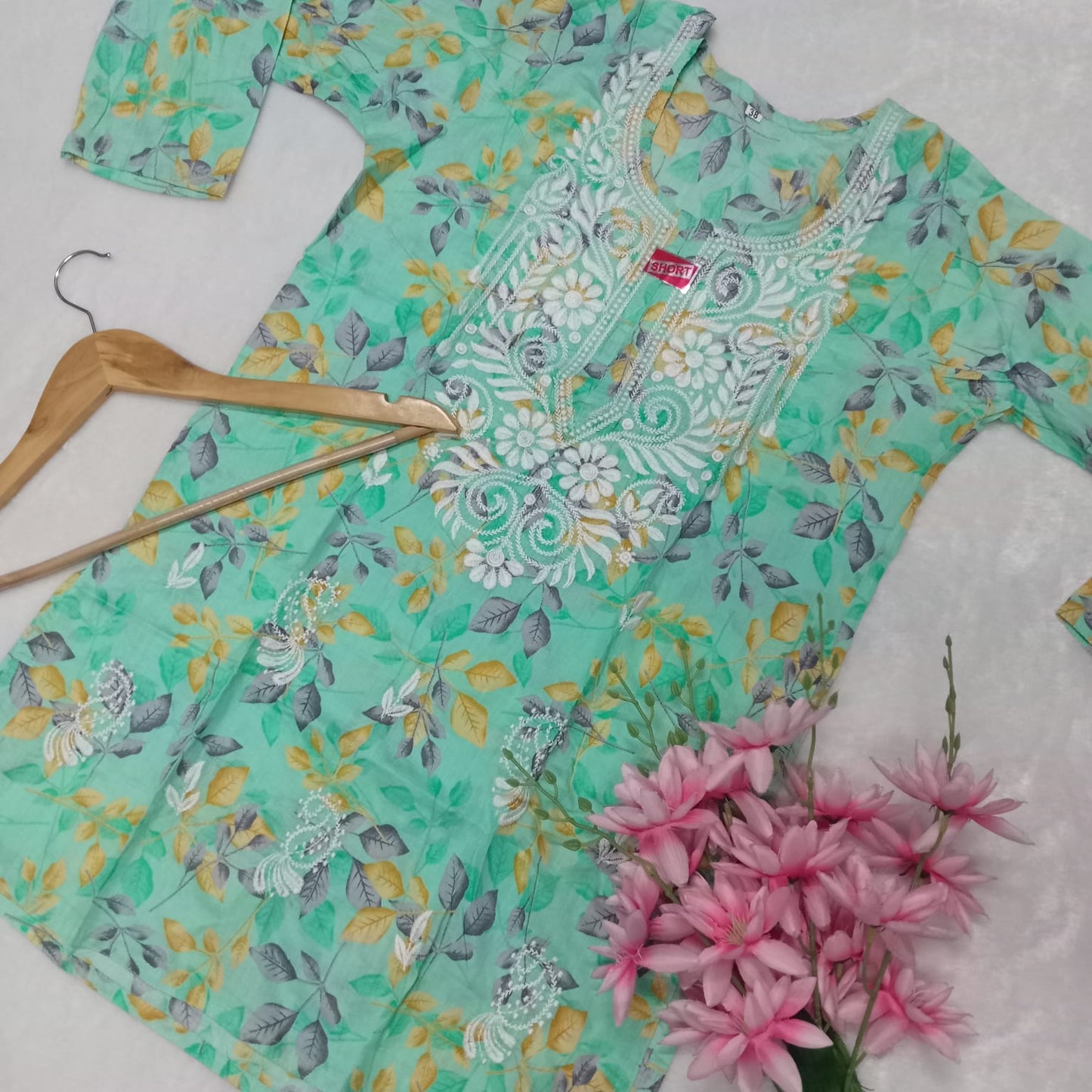 Mulmul Cotton Chikankari Short Kurti - Light Sea Green Colour
