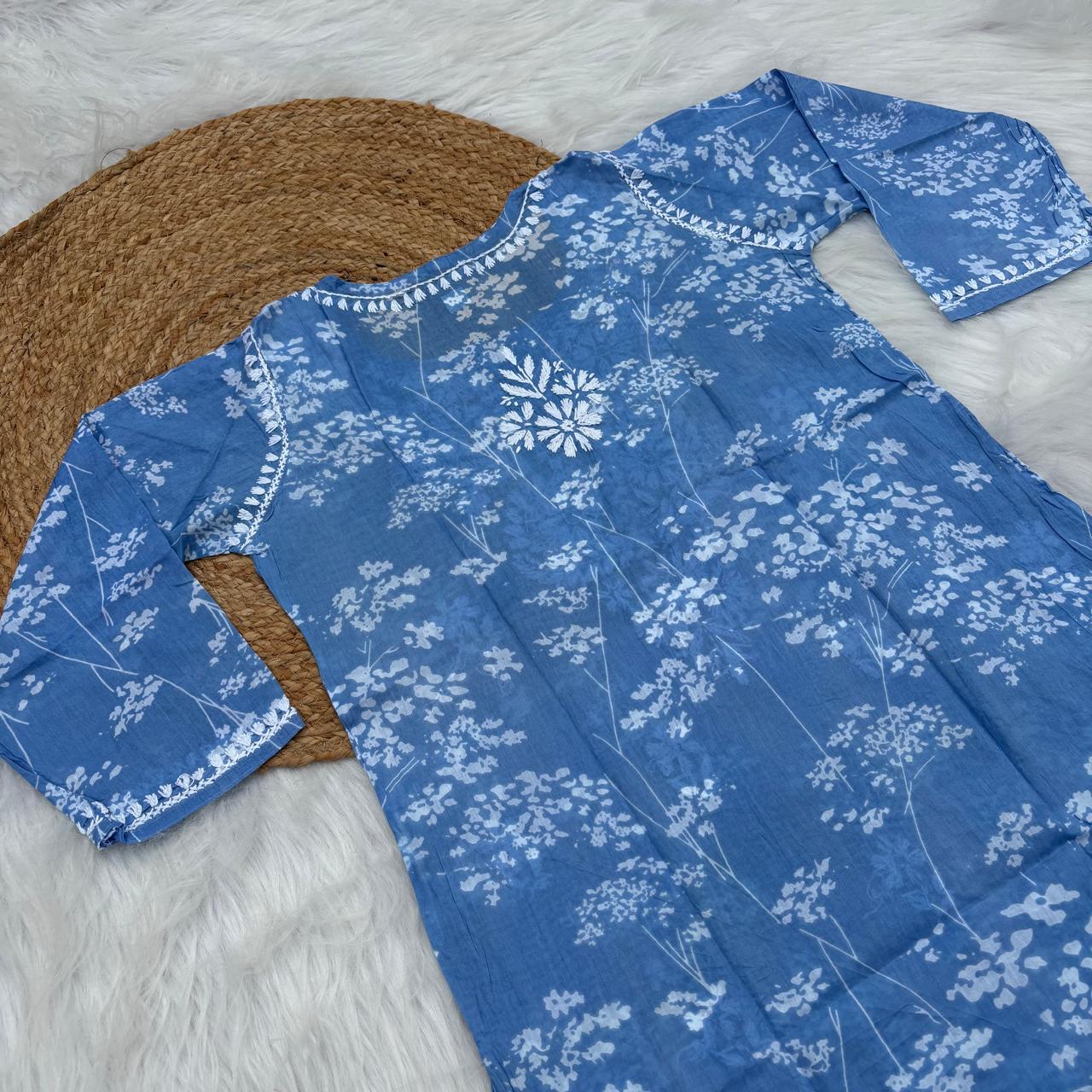 Malika Pure Mulmul Cotton Short Kurti - Blue Colour