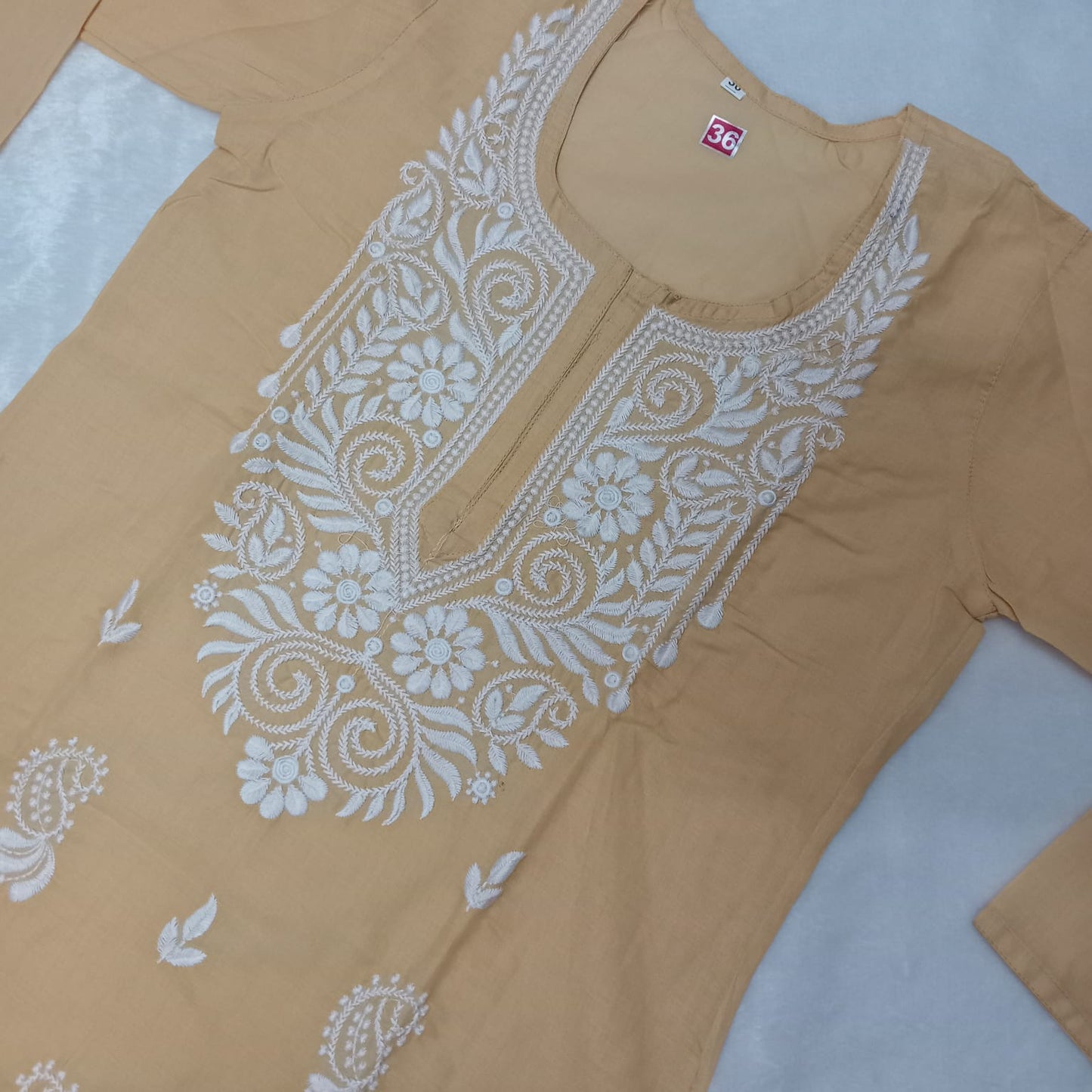 Cotton Machine Work Chikankari Kurti -Skin Colour - Chikankaar