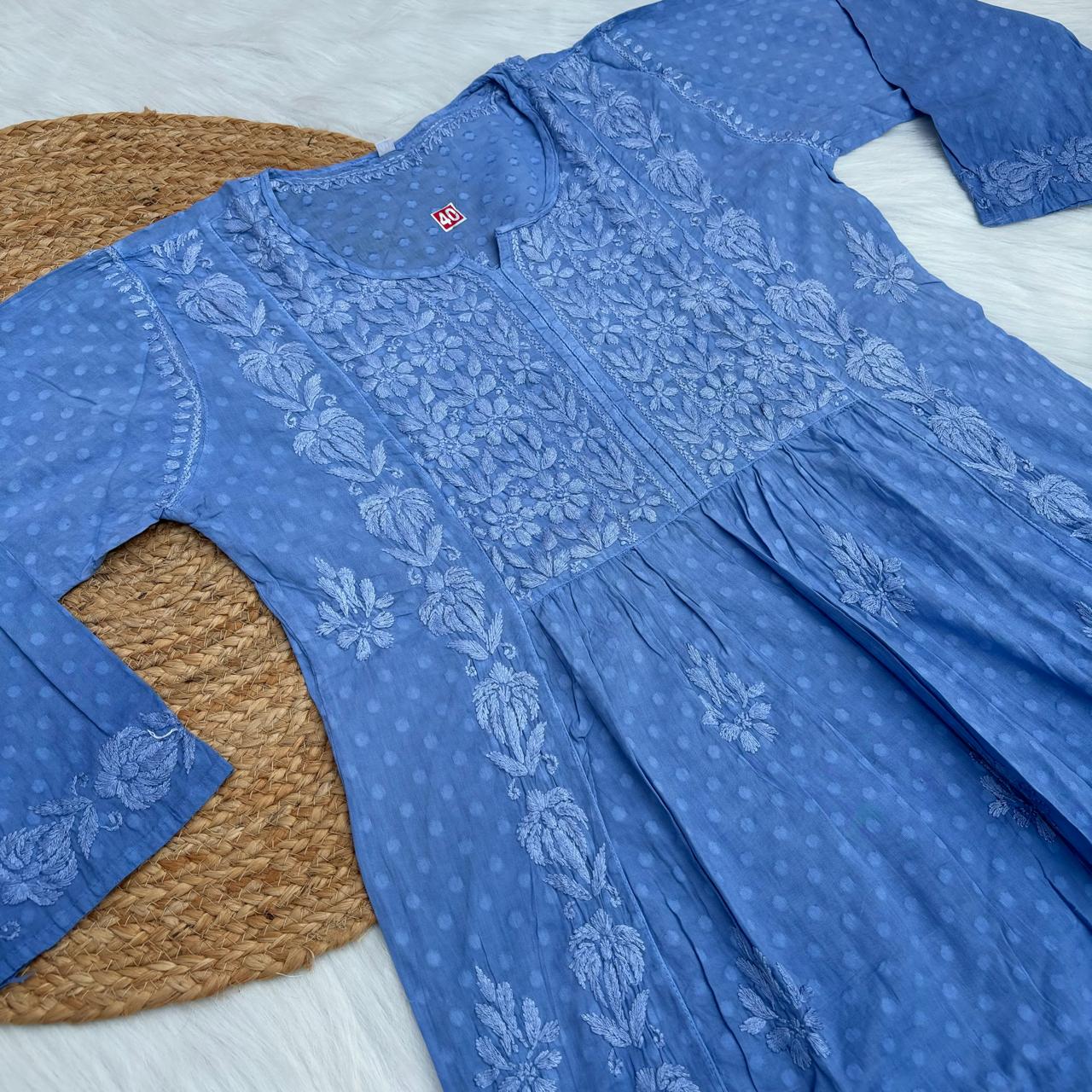 Aliya Dobby Cotton Nyra Cut Chikankari Aline Kurti - Ocean Blue - Chikankaar
