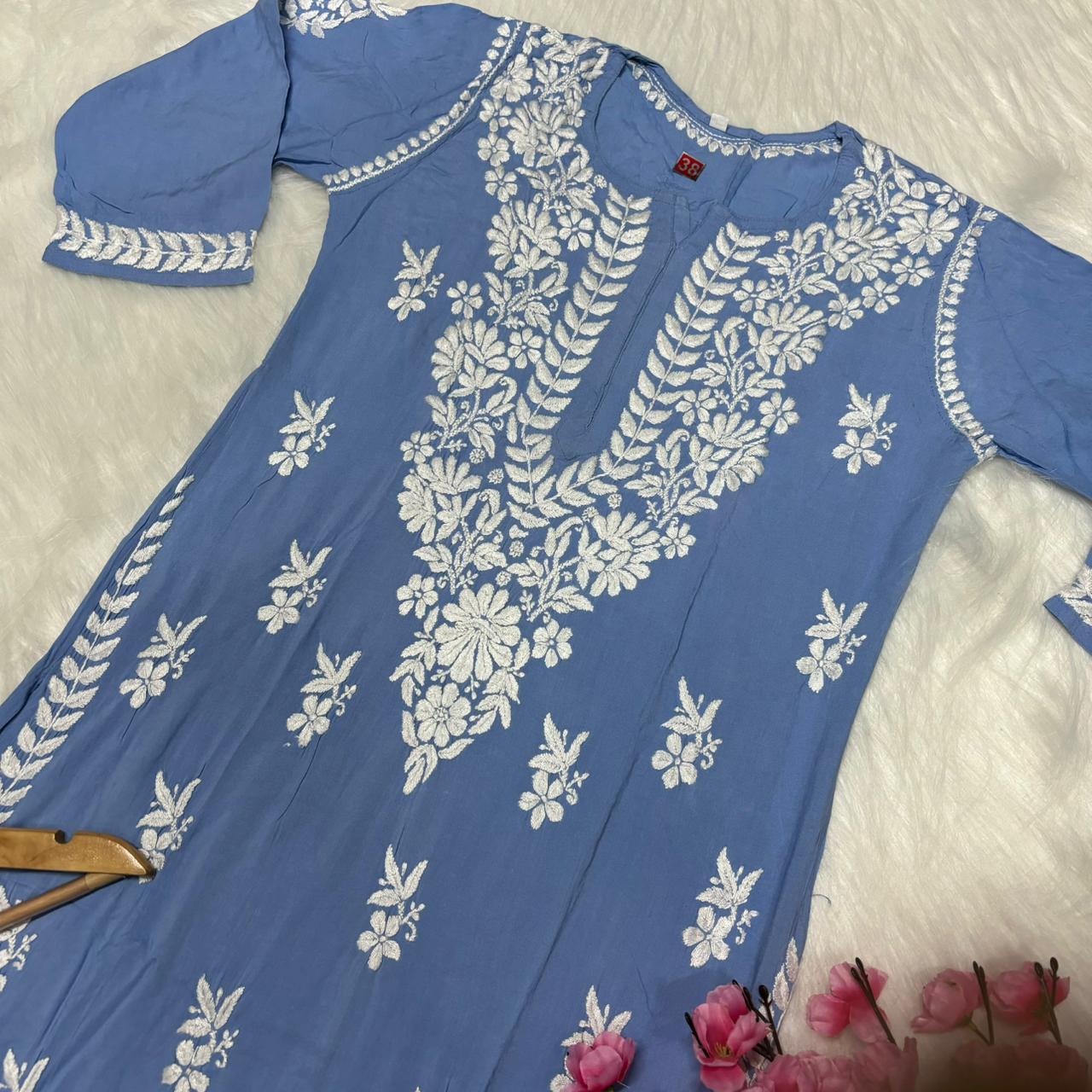 Avneet Kaur Inspired Modal Chikankari Kurti - Sky Blue colour - Chikankaar