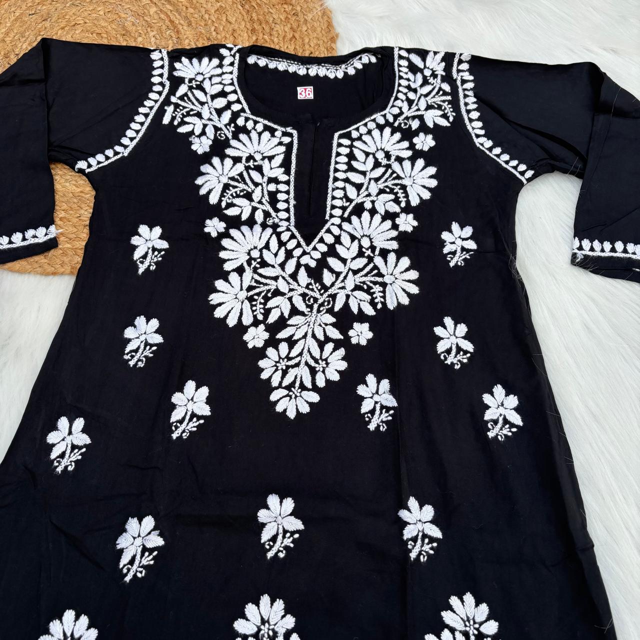 Ina Soft Rayon Chikankari Short Kurti - Black Colour