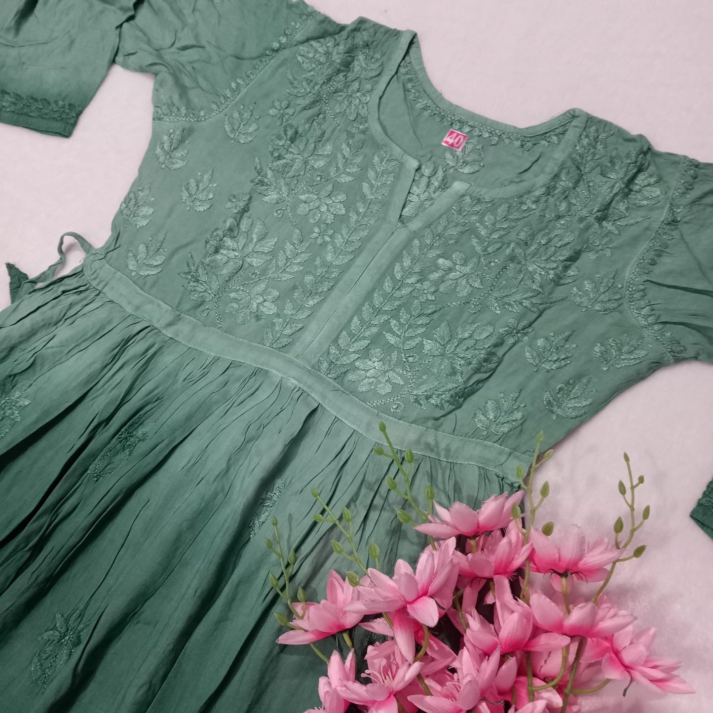 Pure Modal Dual Shaded Chikankari Gown With Dori-dark Green - Chikankaar