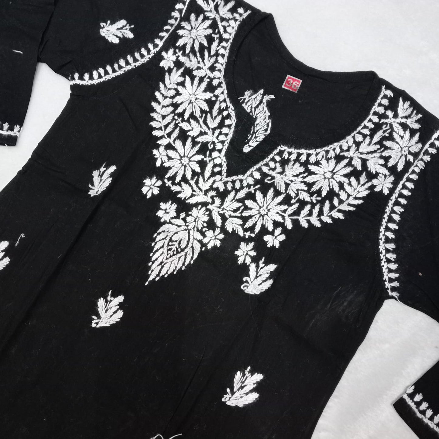 COTTON CHIKANKARI HANDWORK SHORT KURTI -BLACK COLOUR - Chikankaar