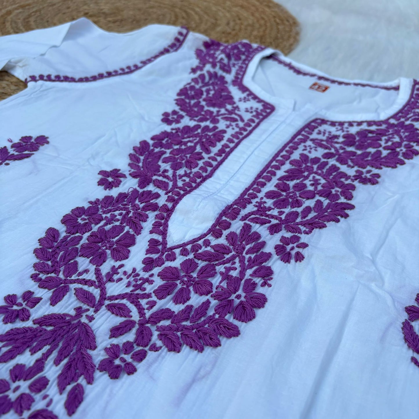 Shraddha Kapoor inspired Pure Cotton Chikankari Kurti - White Mauve Color - Chikankaar
