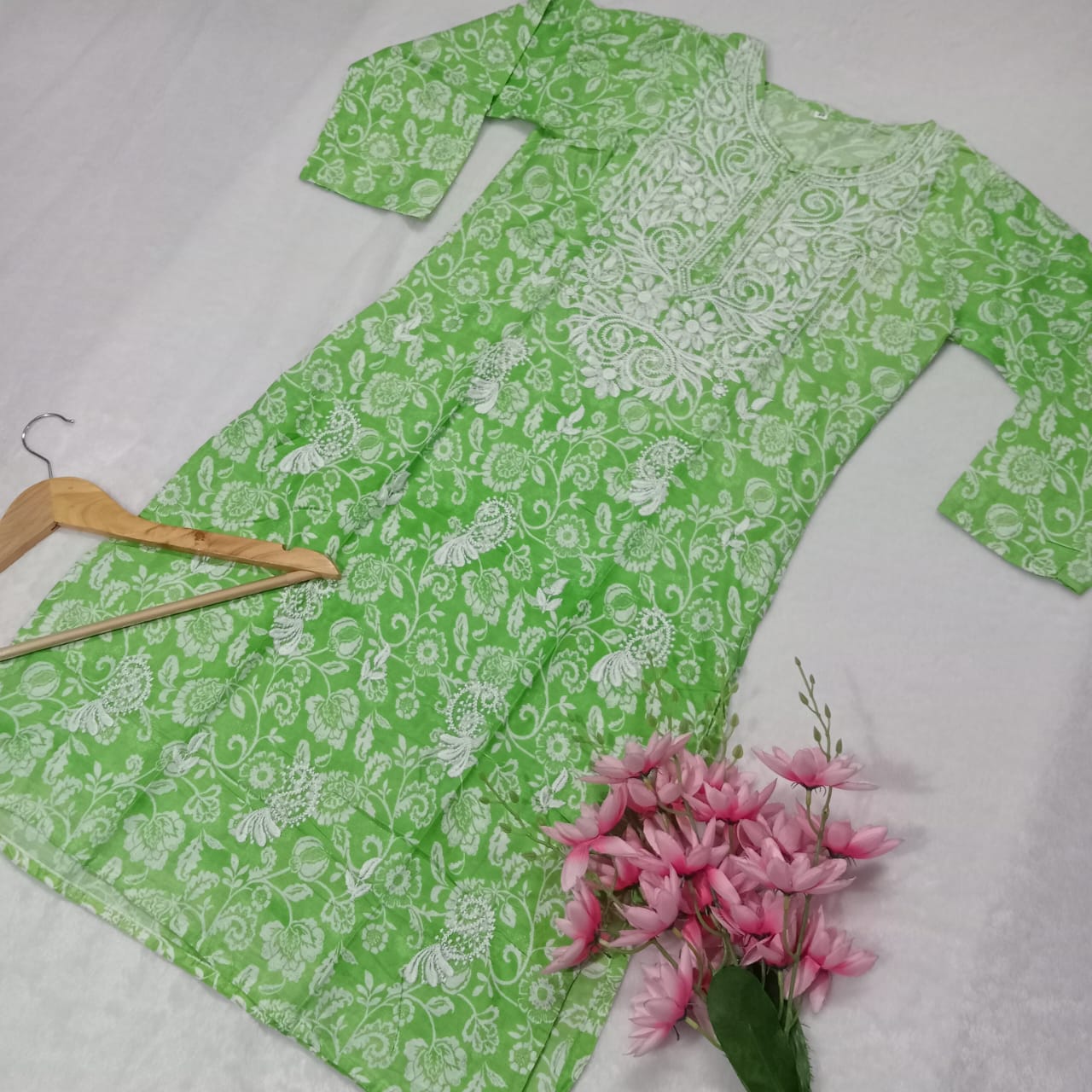 Mulmul Cotton Chikankari Machine Work Kurti -Parrot Green Colour - Chikankaar