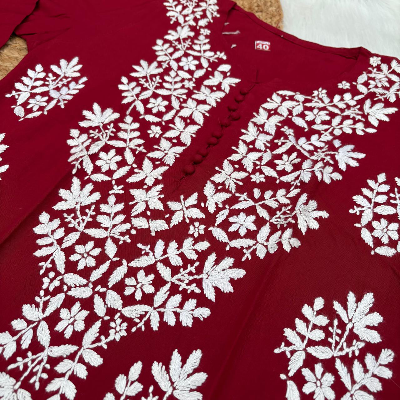 Ameena Soft Rayon Chikankari Kurti - Maroon Colour