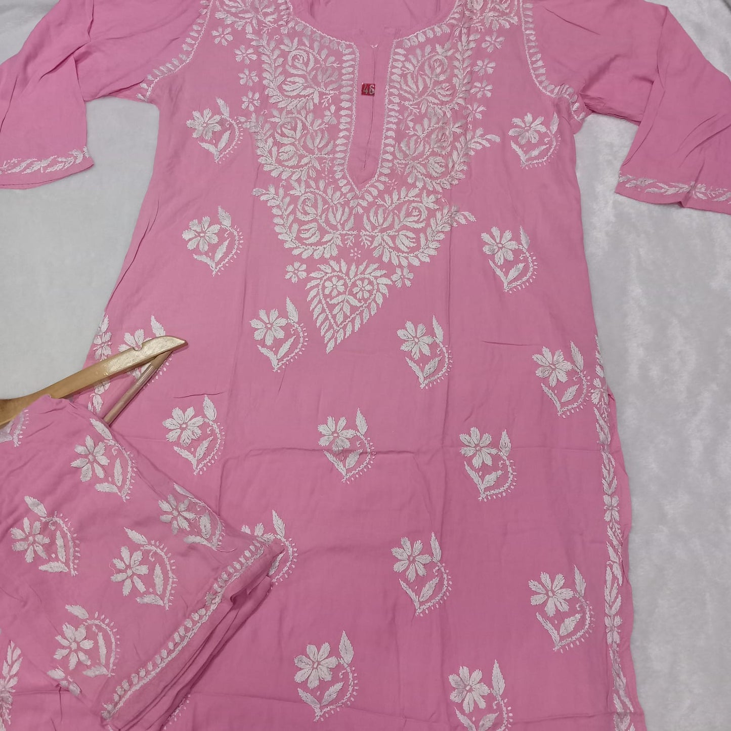 PURE RAYON KURTI PLAZO CHIKANKARI HANDWORK SET - PINK COLOUR - Chikankaar
