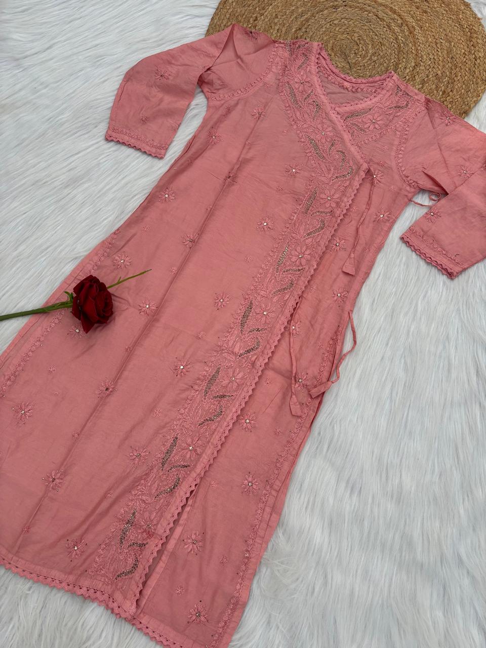 Naaz Chanderi Angrakha style Chikankari Kurti with Mukaish work - Dusty Peach Colour