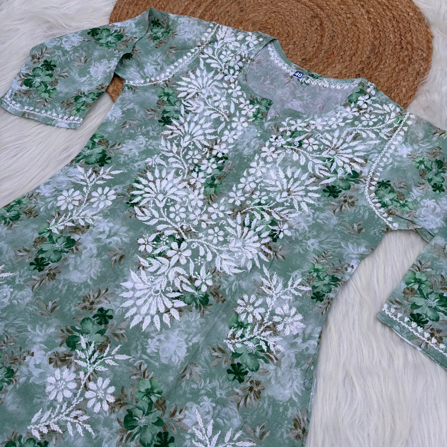 Fawziya Pure Mulmul Chikankari Handwork Kurti - Dark Green Colour