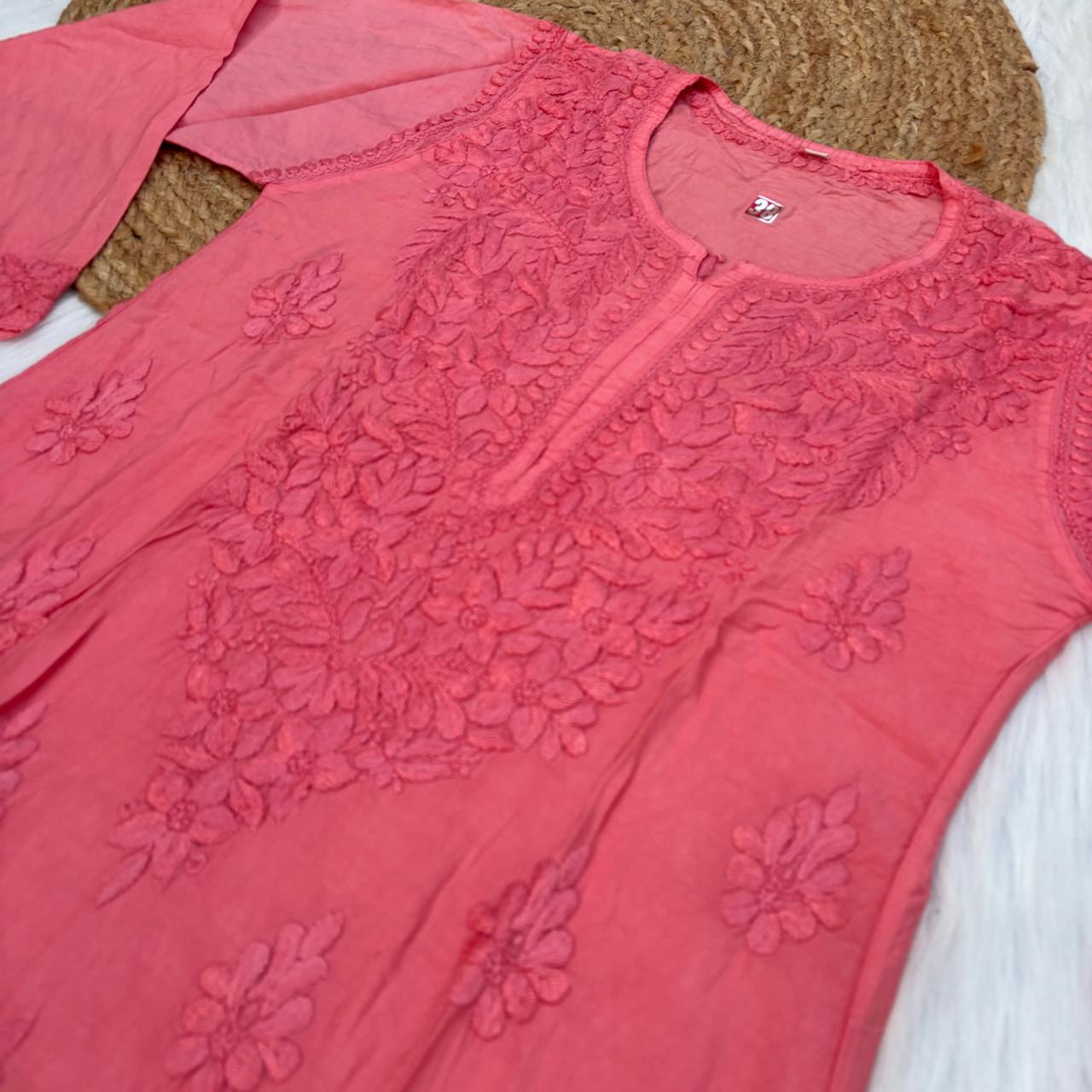 Zooni Chanderi Lucknowi Chikankari Dyed Kurti- Gazri colour
