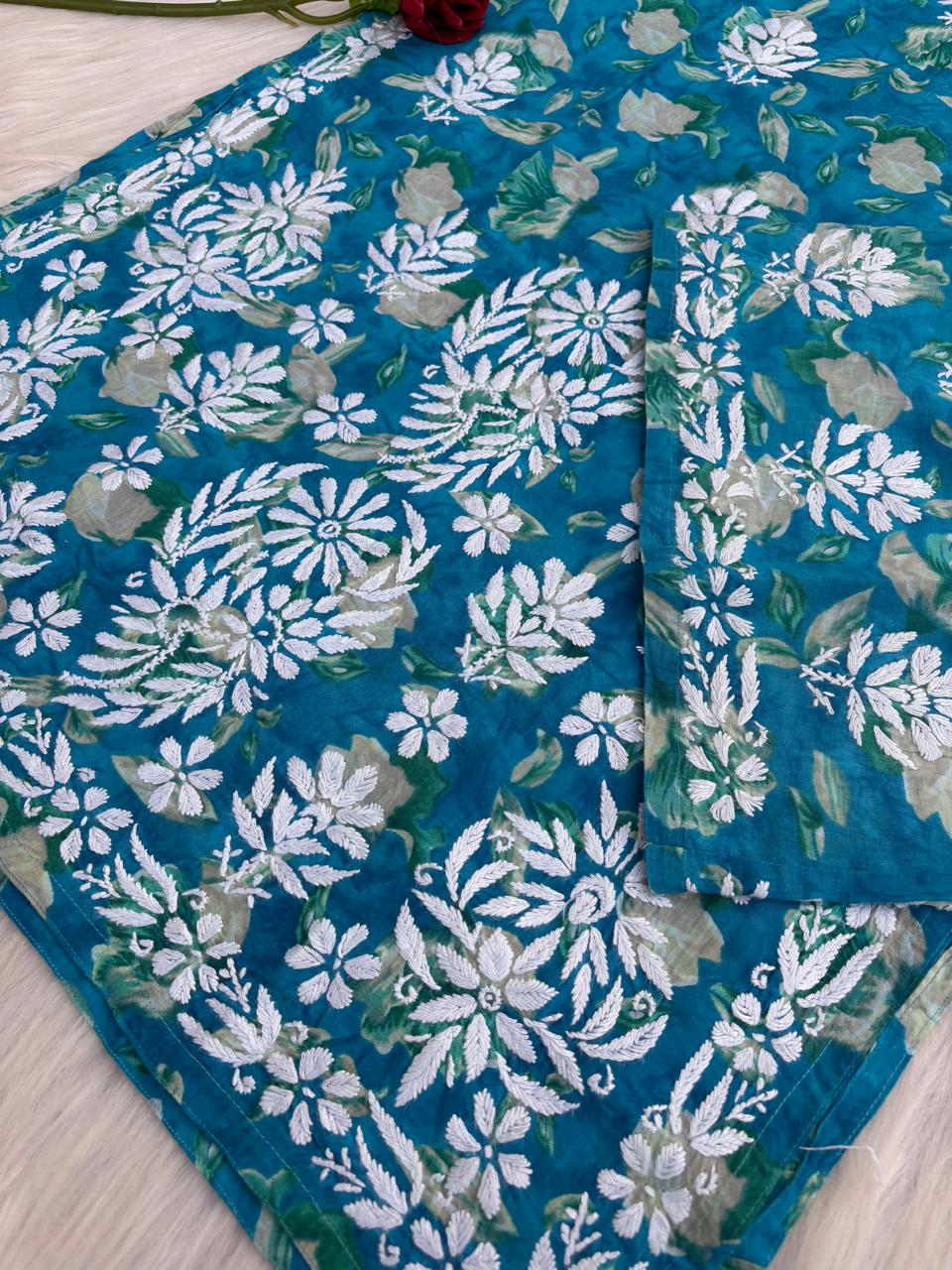 Elena Mulmul Cotton Handwork Chikankari Kurti Set - Blue Colour