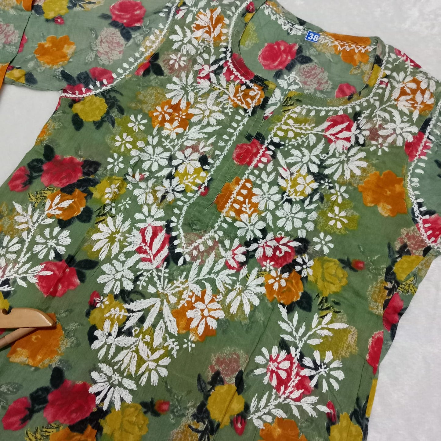 Dhanashree Inspired Mulmul Floral Printed Chikankari Handwork Kurti -Dark Green Colour - Chikankaar