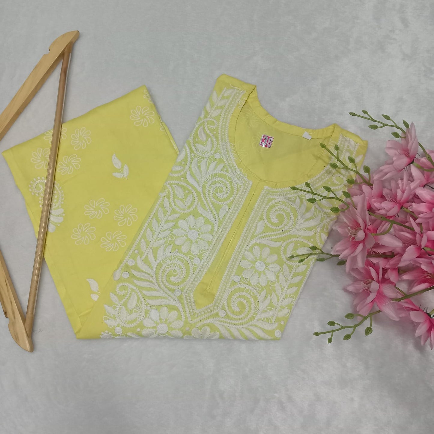 RAYON CHIKANKARI MACHINE WORK KURTI -YELLOW COLOUR - Chikankaar
