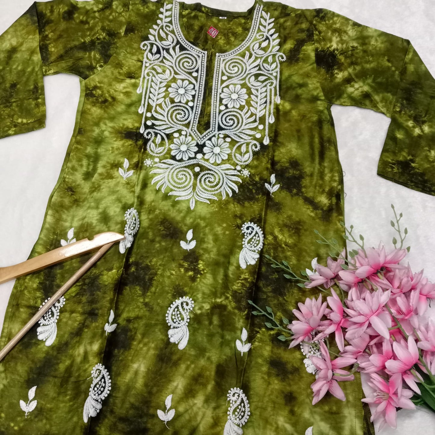 Rayon Tie & Dye Chikankari Machine Work Kurti- Parrot Green Colour - Chikankaar