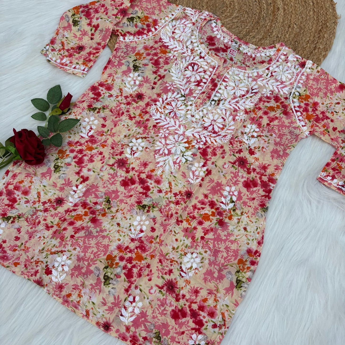 Nura Pure Mulmul Cotton Short Kurti - Red Colour - Chikankaar