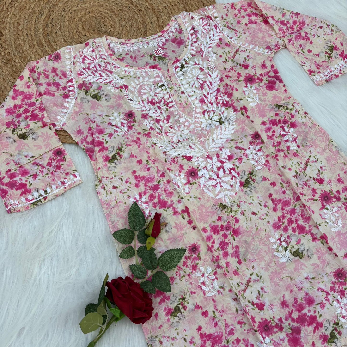 Nura Pure Mulmul Cotton Short Kurti - Pink Colour - Chikankaar