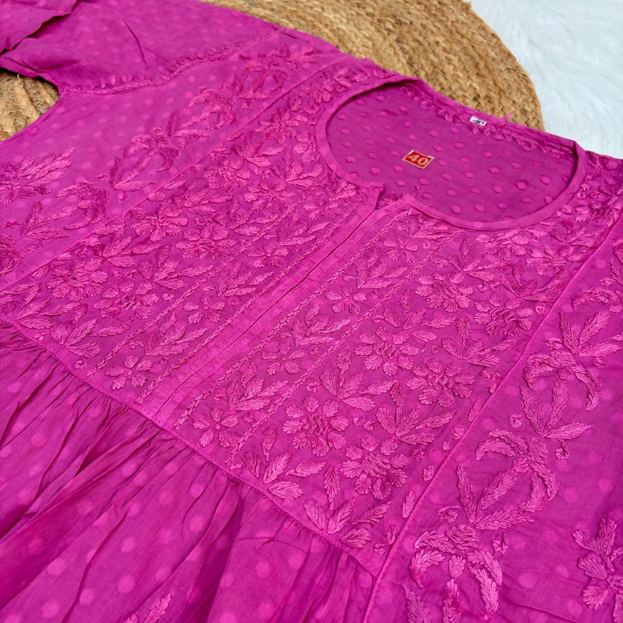 Aliya Dobby Cotton Nyra Cut Chikankari Aline Kurti - Fucshia Colour - Chikankaar