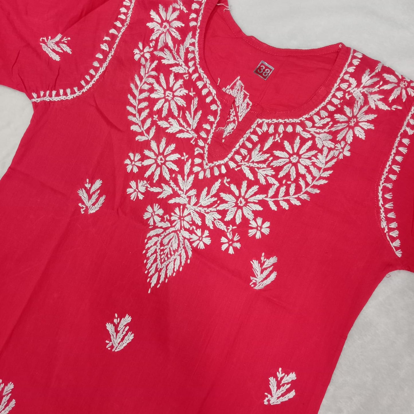 COTTON CHIKANKARI HANDWORK SHORT KURTI -GAZRI COLOUR - Chikankaar