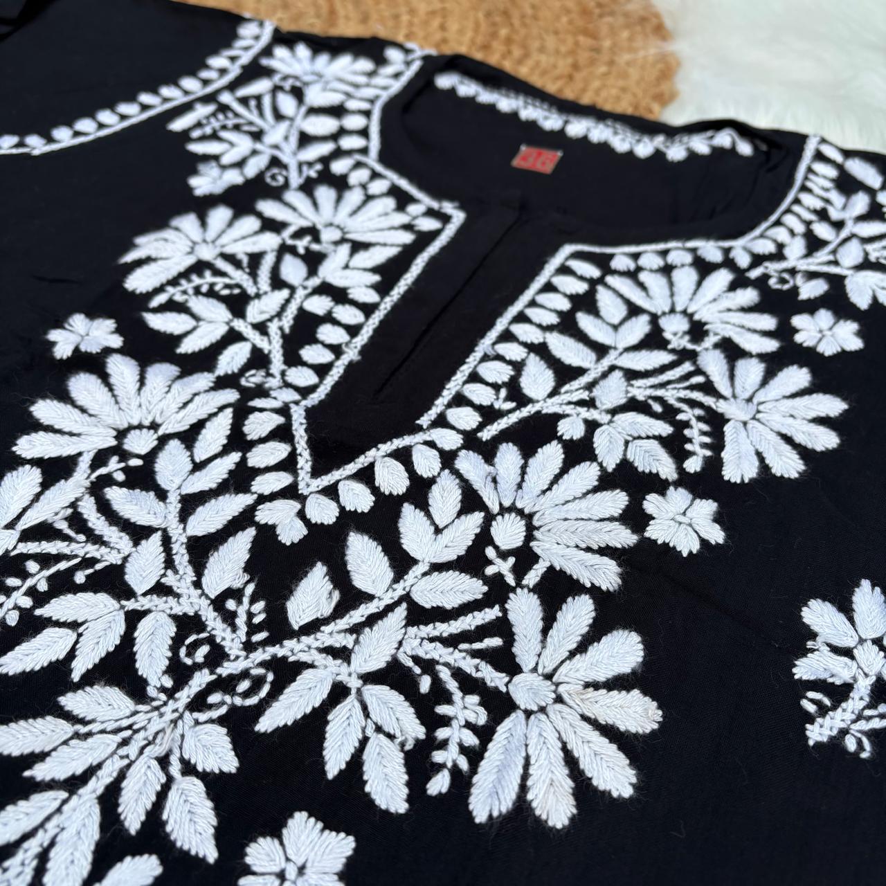 Ina Soft Rayon Chikankari Short Kurti - Black Colour