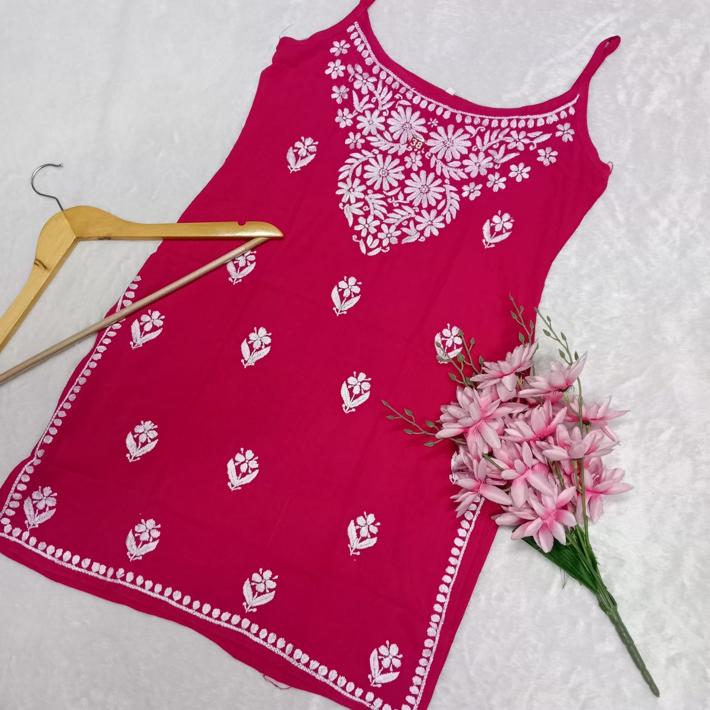 Nafisa Chikankari Sleeveless Short Kurti - Rani Colour - Chikankaar