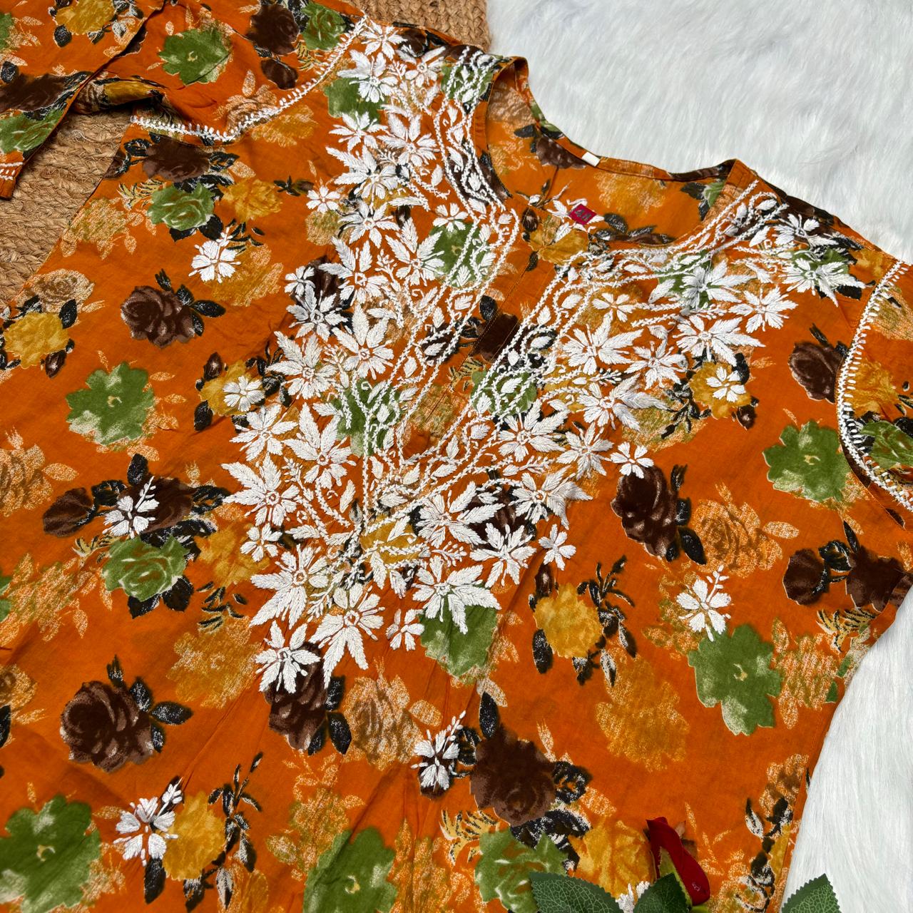 Plus size special-Dhanashree Inspired Mulmul Floral Printed Chikankari Handwork Kurti- Mustard Colour - Chikankaar