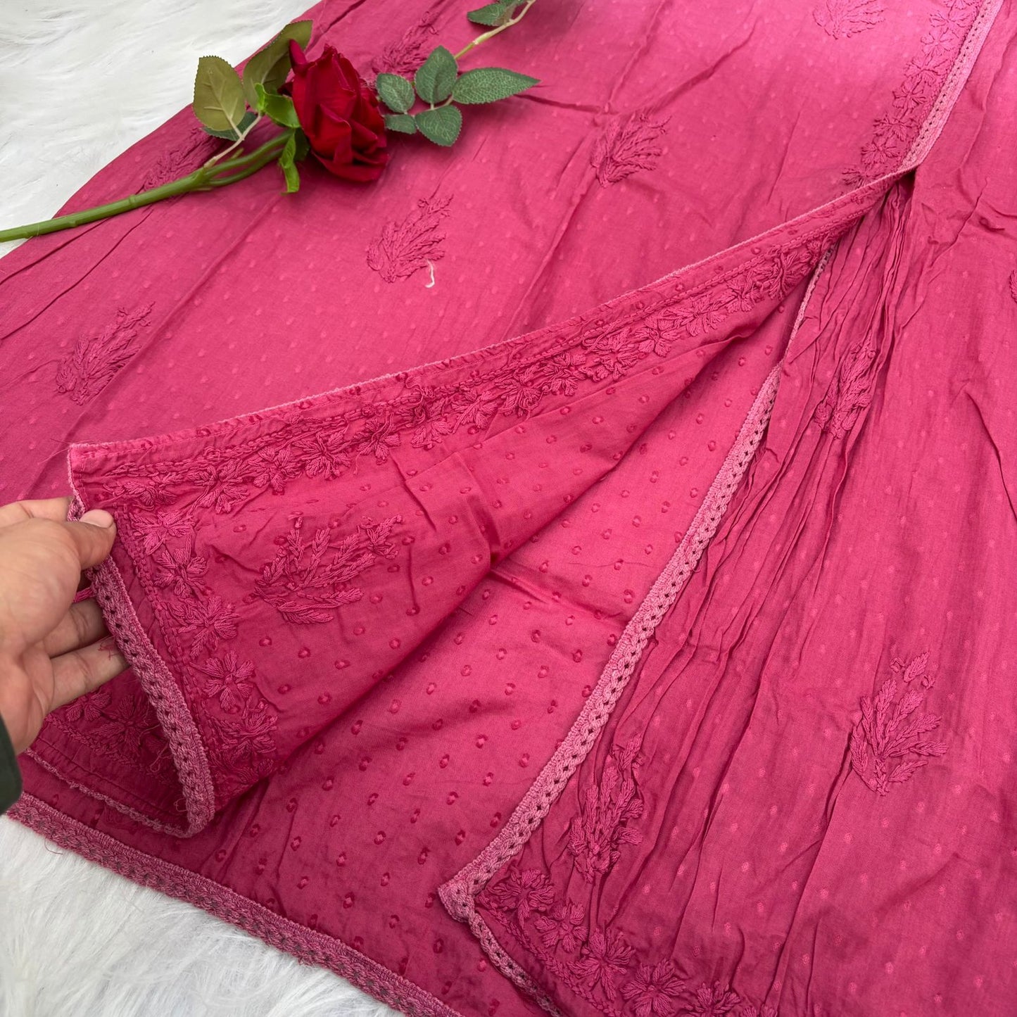 Shazia Ombre Shaded Dobby Cotton Chikankari Angarakha - Magenta Colour