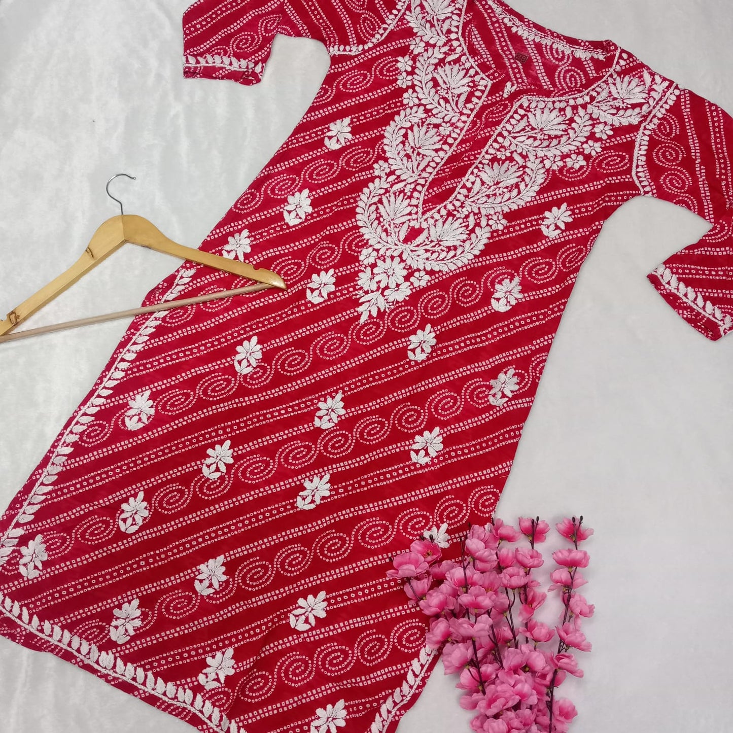 Falak Bandhani Print Rayon Chikankari Kurti -Red Colour - Chikankaar