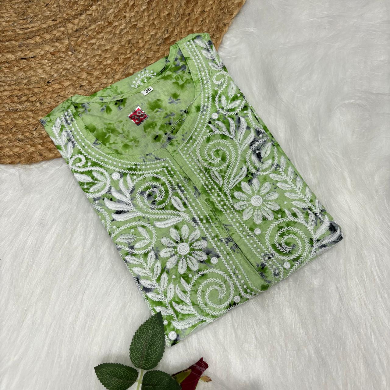 Mulmul Cotton Chikankari Machine Work Kurti - Parrot Green Colour - Chikankaar