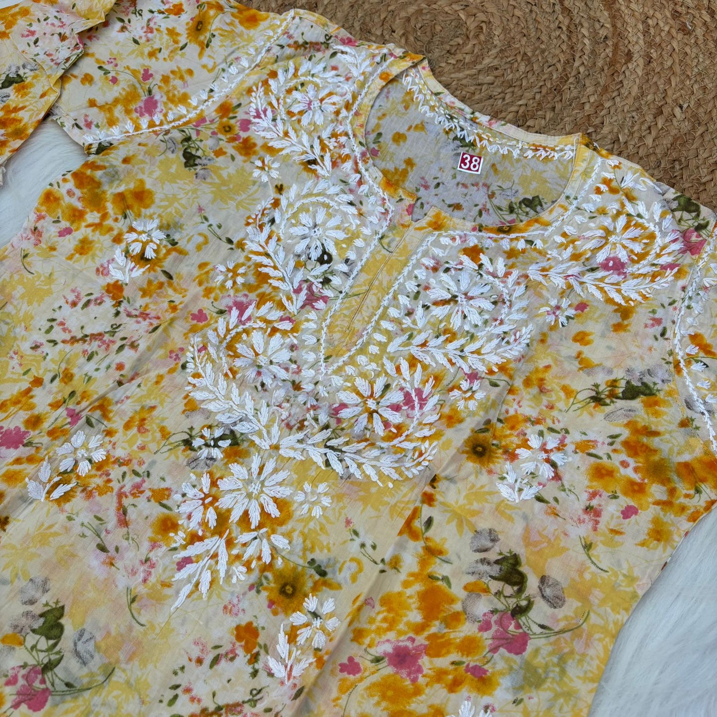 Nura Pure Mulmul Cotton Short Kurti - Yellow Colour - Chikankaar
