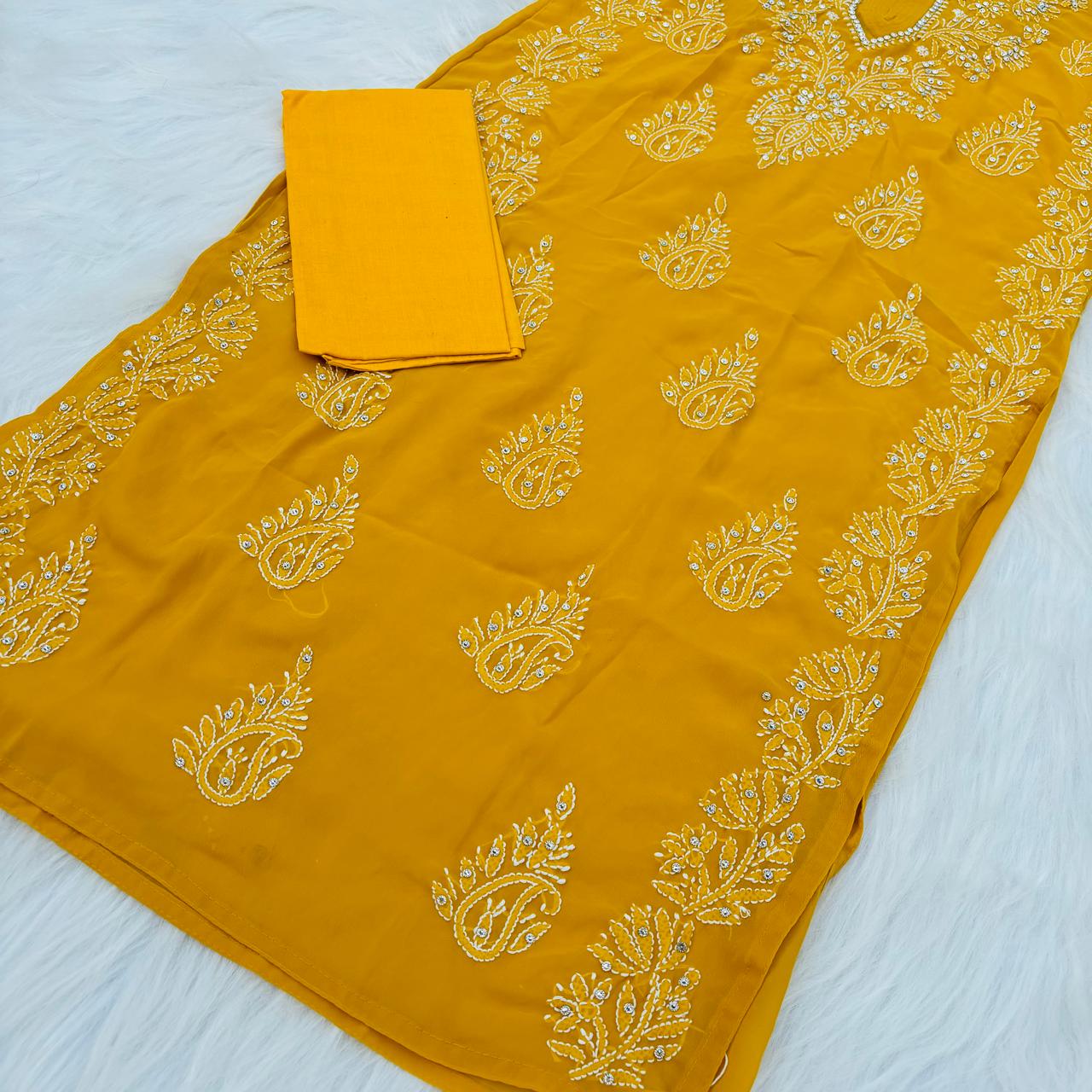 Stone Work Georgette Chikankari Kurti -Mustard Colour - Chikankaar
