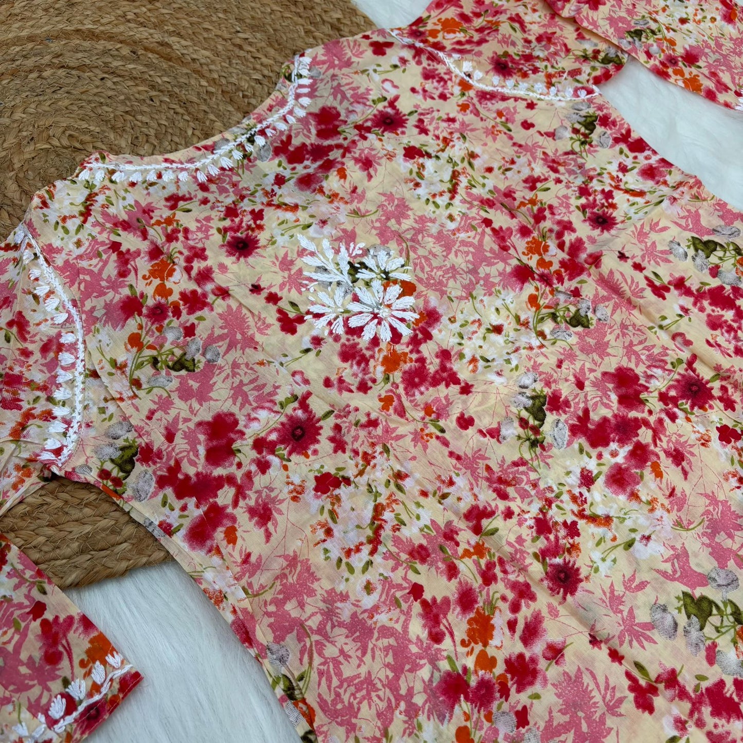 Nura Pure Mulmul Cotton Short Kurti - Red Colour - Chikankaar