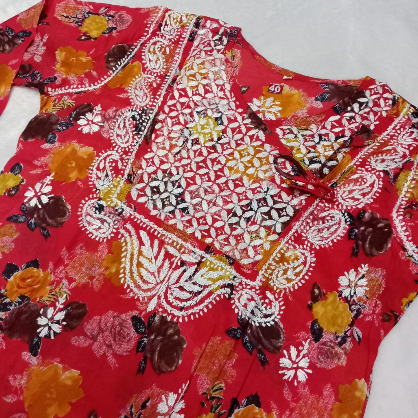 Masooma Mulmul Floral Printed Chikankari Handwork Kurti - Red Colour - Chikankaar