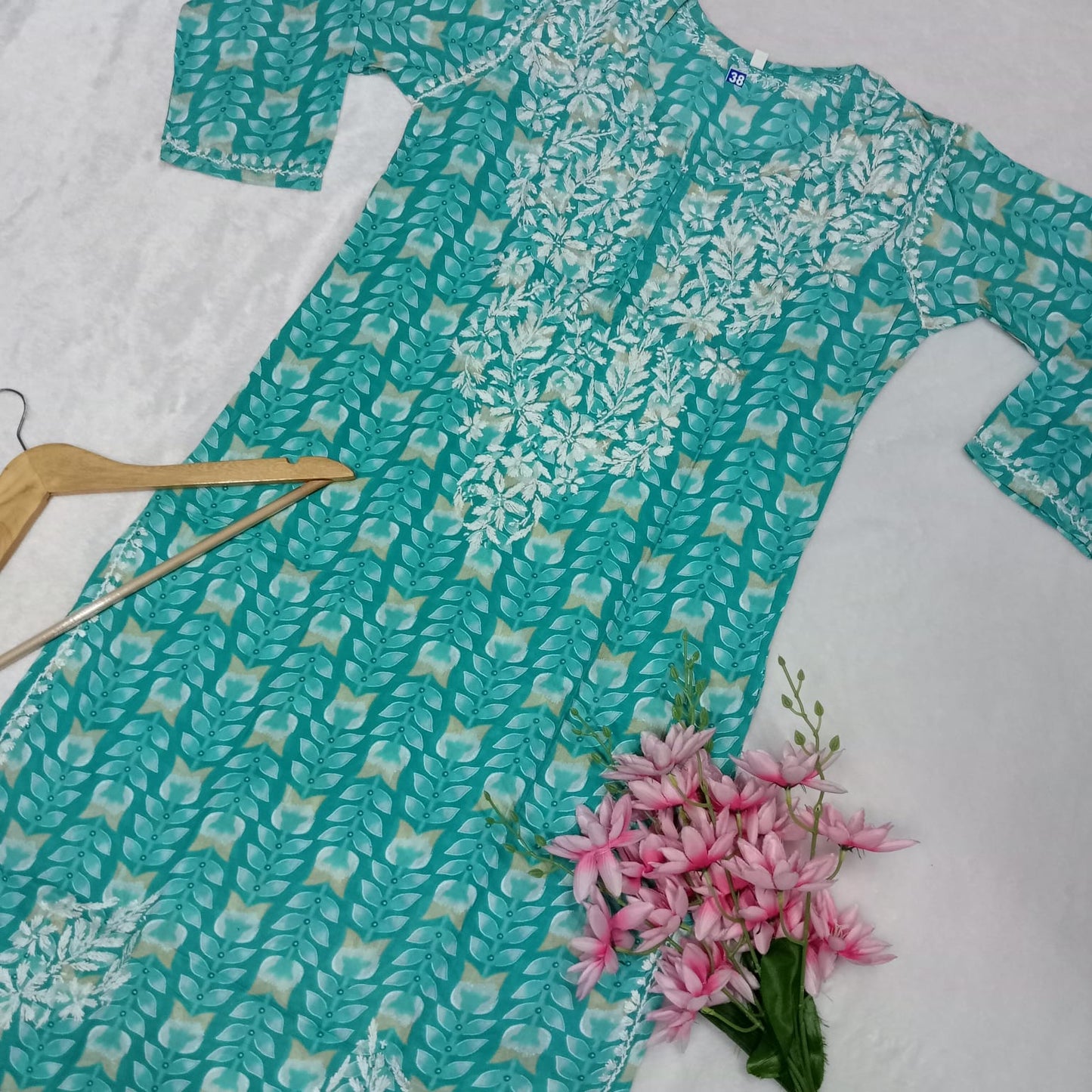 Pure Mulmul Chikankari Handwork Kurti -Sea Green Colour - Chikankaar