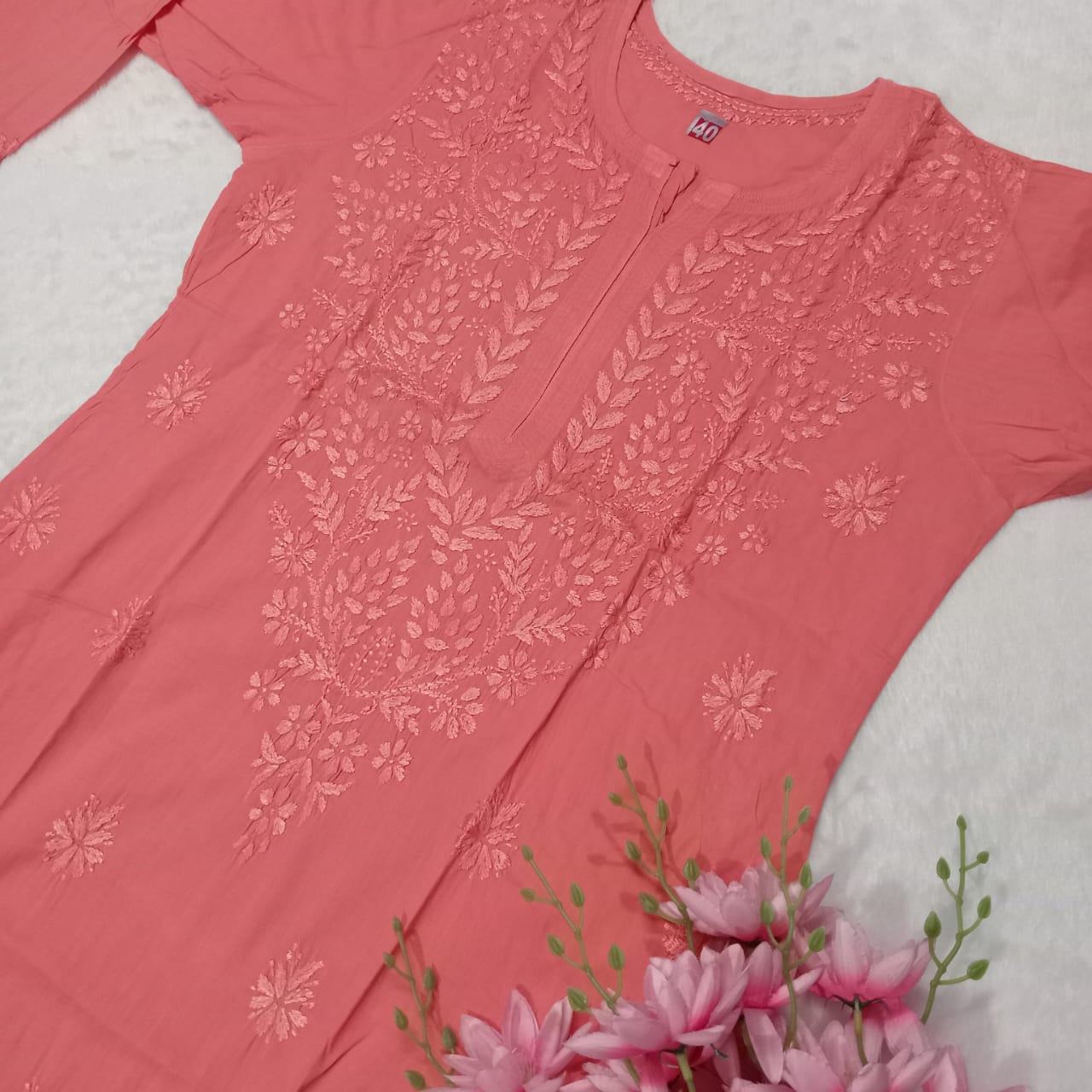 EXCLUSIVE PURE COTTON CHIKANKARI DYED KURTI -LIGHT GAZRI - Chikankaar