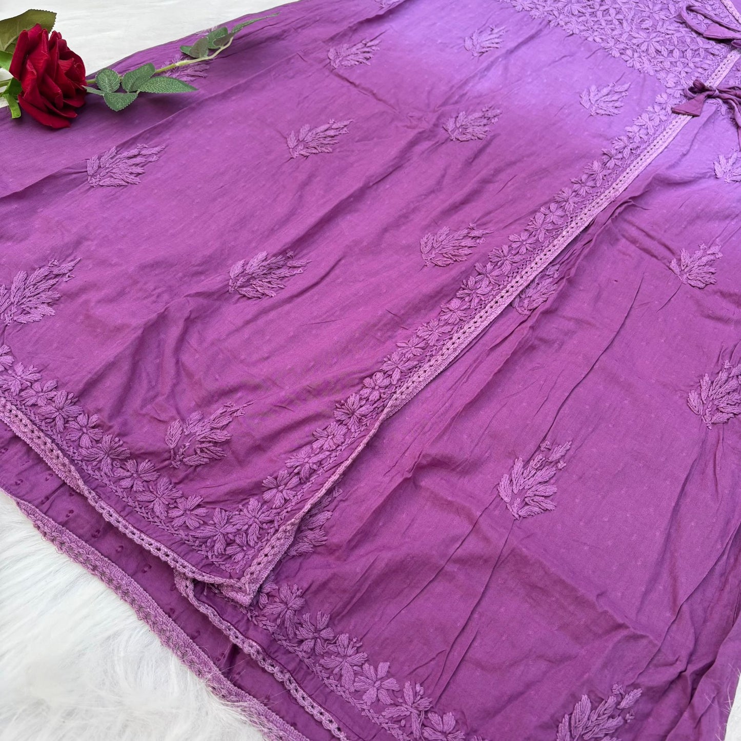 Shazia Ombre Shaded Dobby Cotton Chikankari Angarakha - Wine Colour