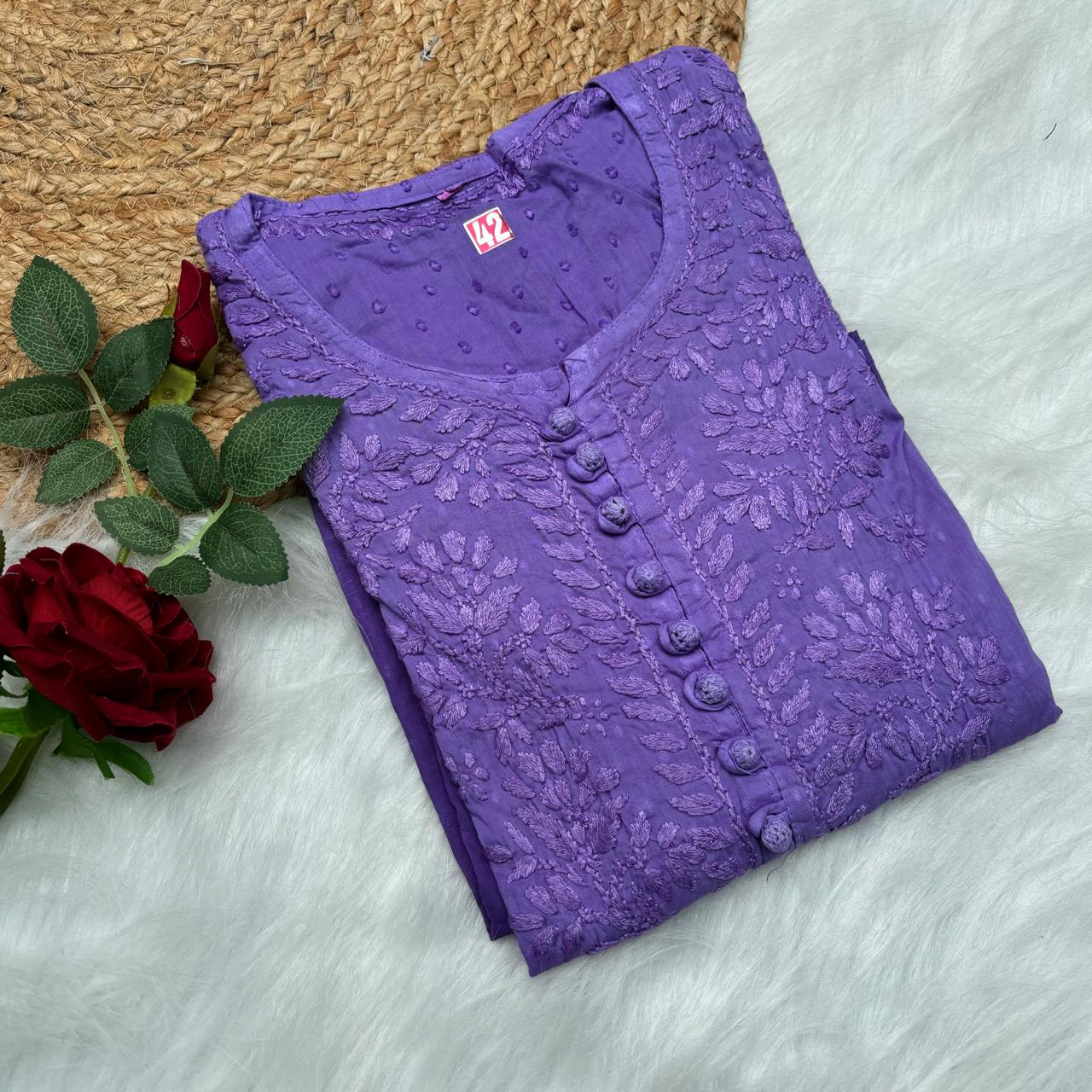 Adaah Ombre Shaded Dobby Cotton Chikankari Kurti - Purple - Chikankaar