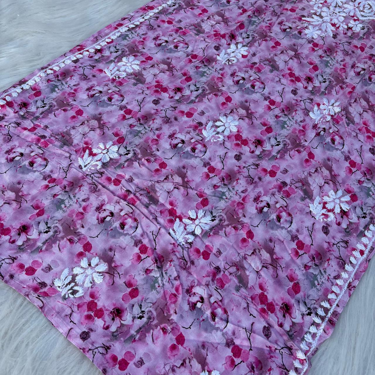 Hina Rayon Rose work Lucknowi Chikankari kurti -Pink Colour