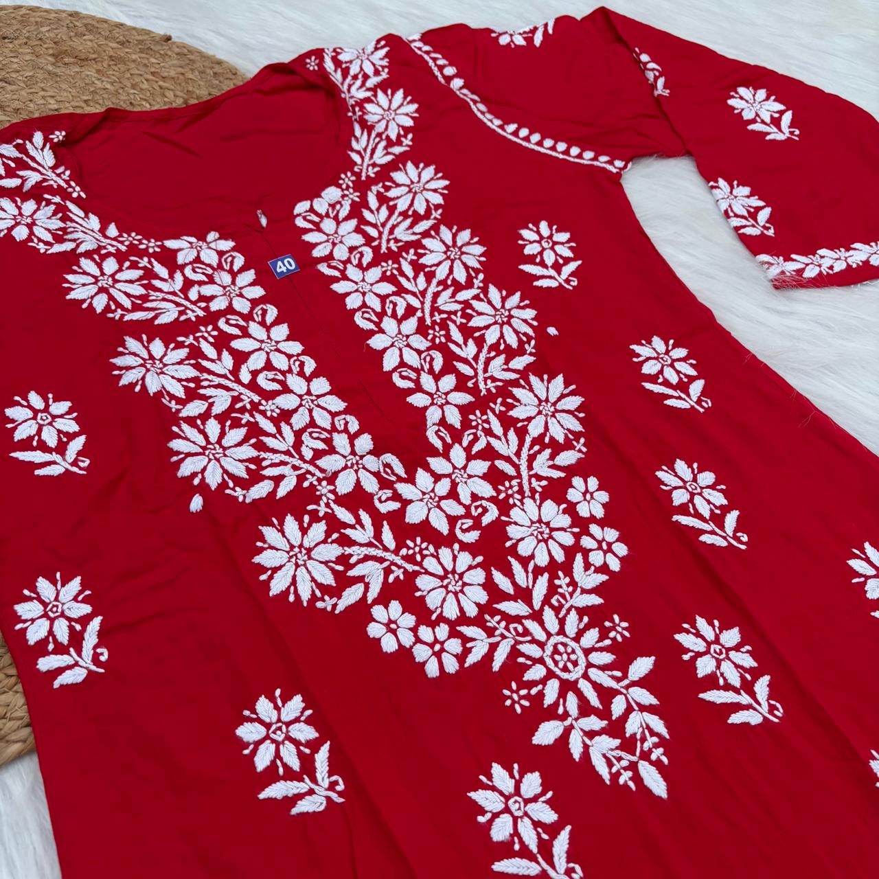 Maya Rayon Chikankari Kurti Plazo Set - Red Colour