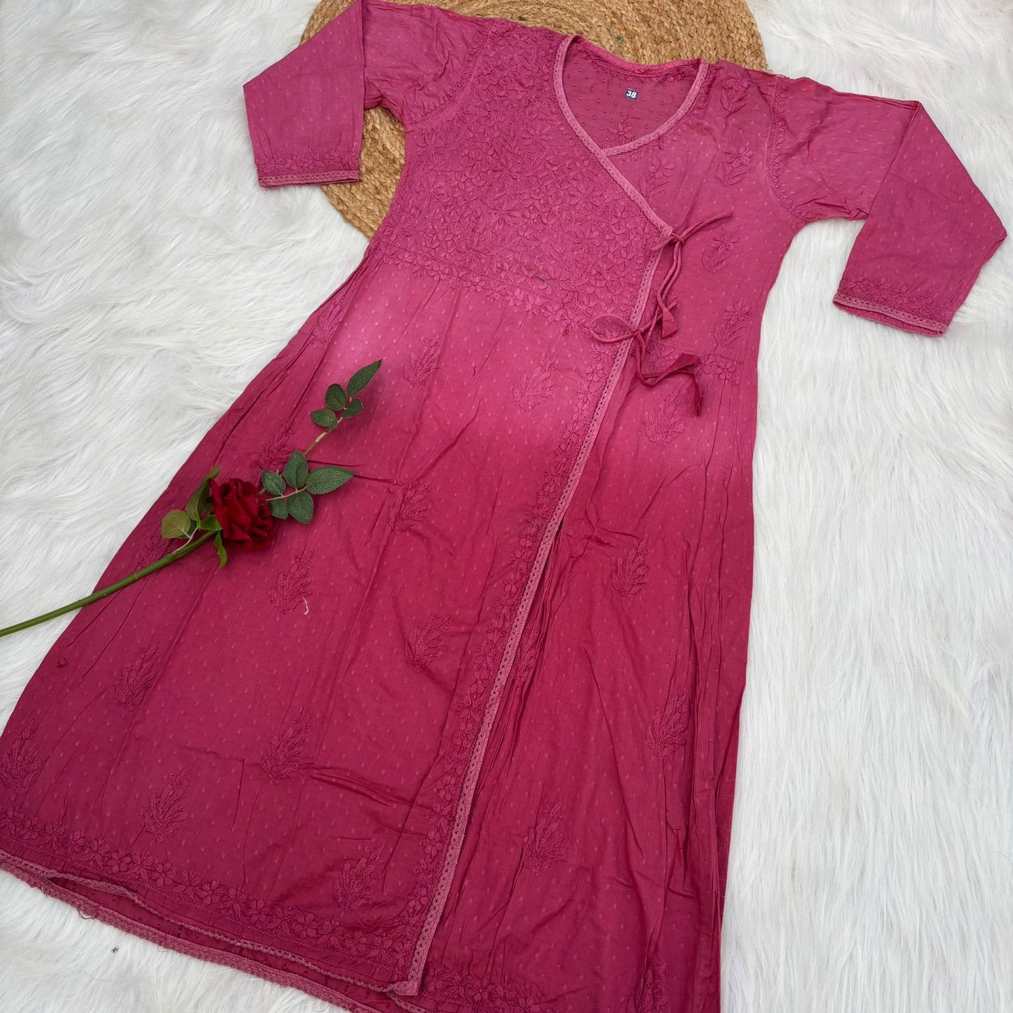 Shazia Ombre Shaded Dobby Cotton Chikankari Angarakha - Magenta Colour