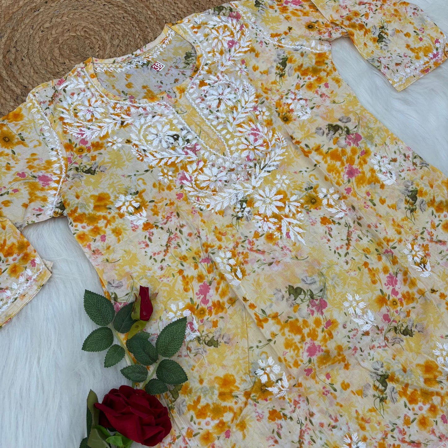 Nura Pure Mulmul Cotton Short Kurti - Yellow Colour - Chikankaar