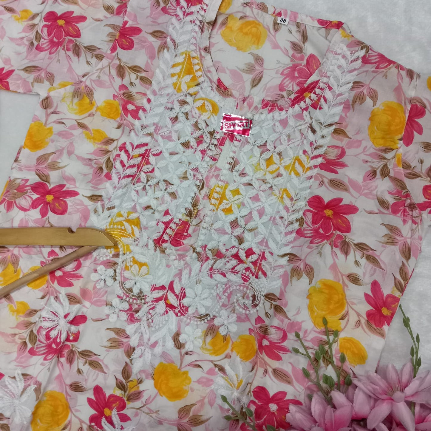 Mulmul Cotton Chikankari Short Kurti -Pink Colour - Chikankaar