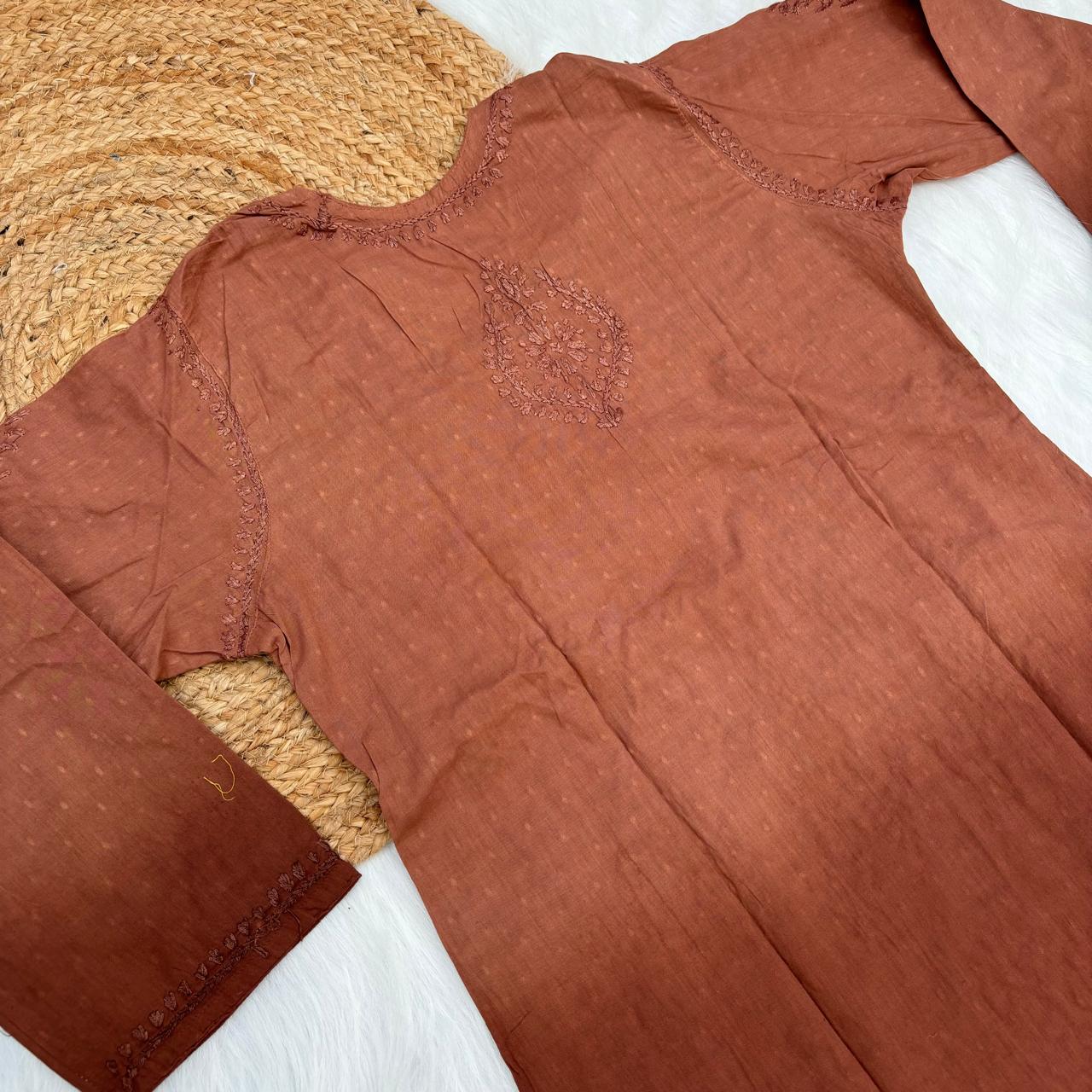 Tuba Ombre Shaded Dobby Cotton Chikankari Kurti - Brown Colour - Chikankaar