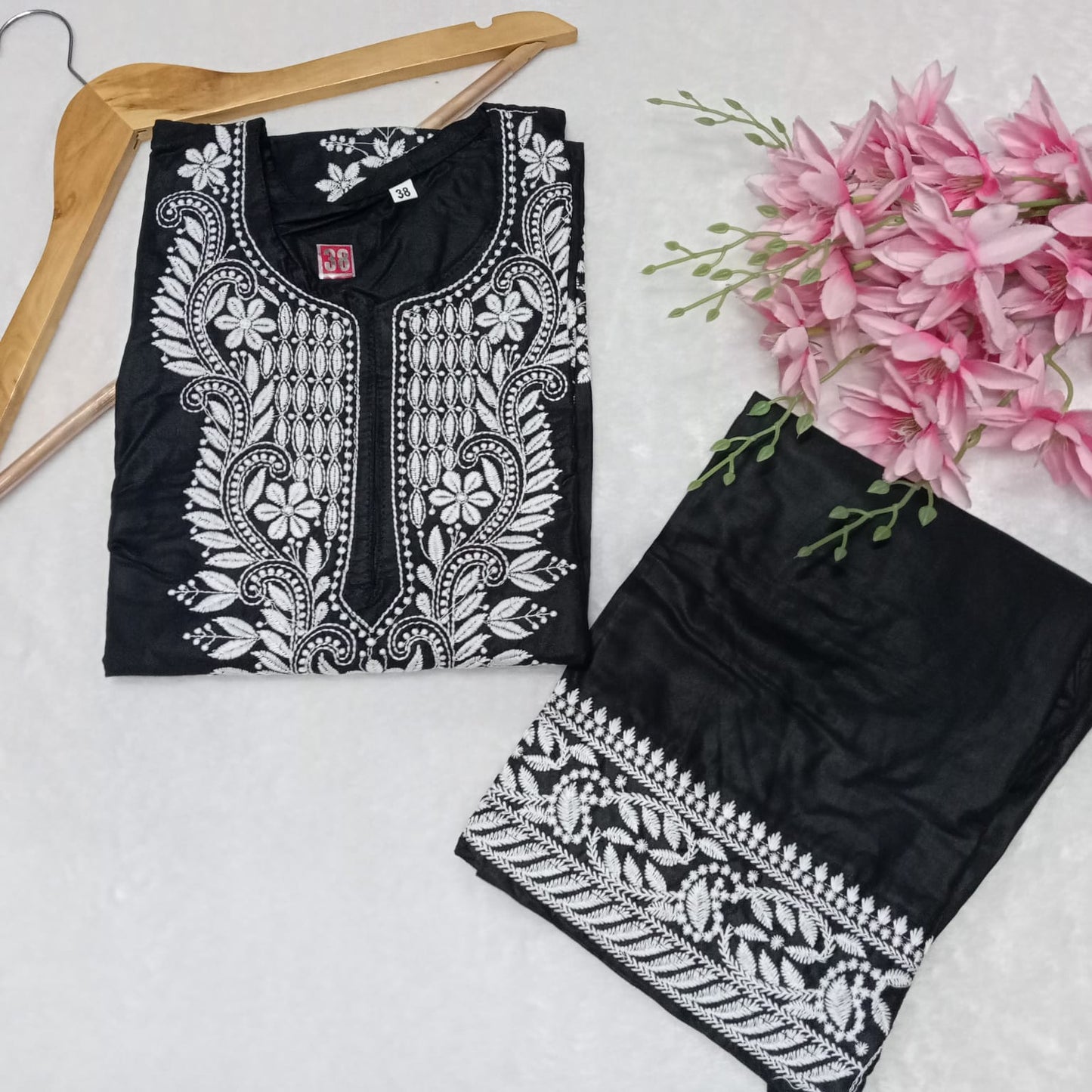 Rayon Chikankari Machine Work Kurti Plazo Set- Black Colour - Chikankaar
